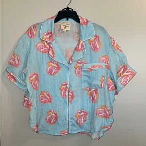 Light Blue Pajama Top with Pink Lips Print